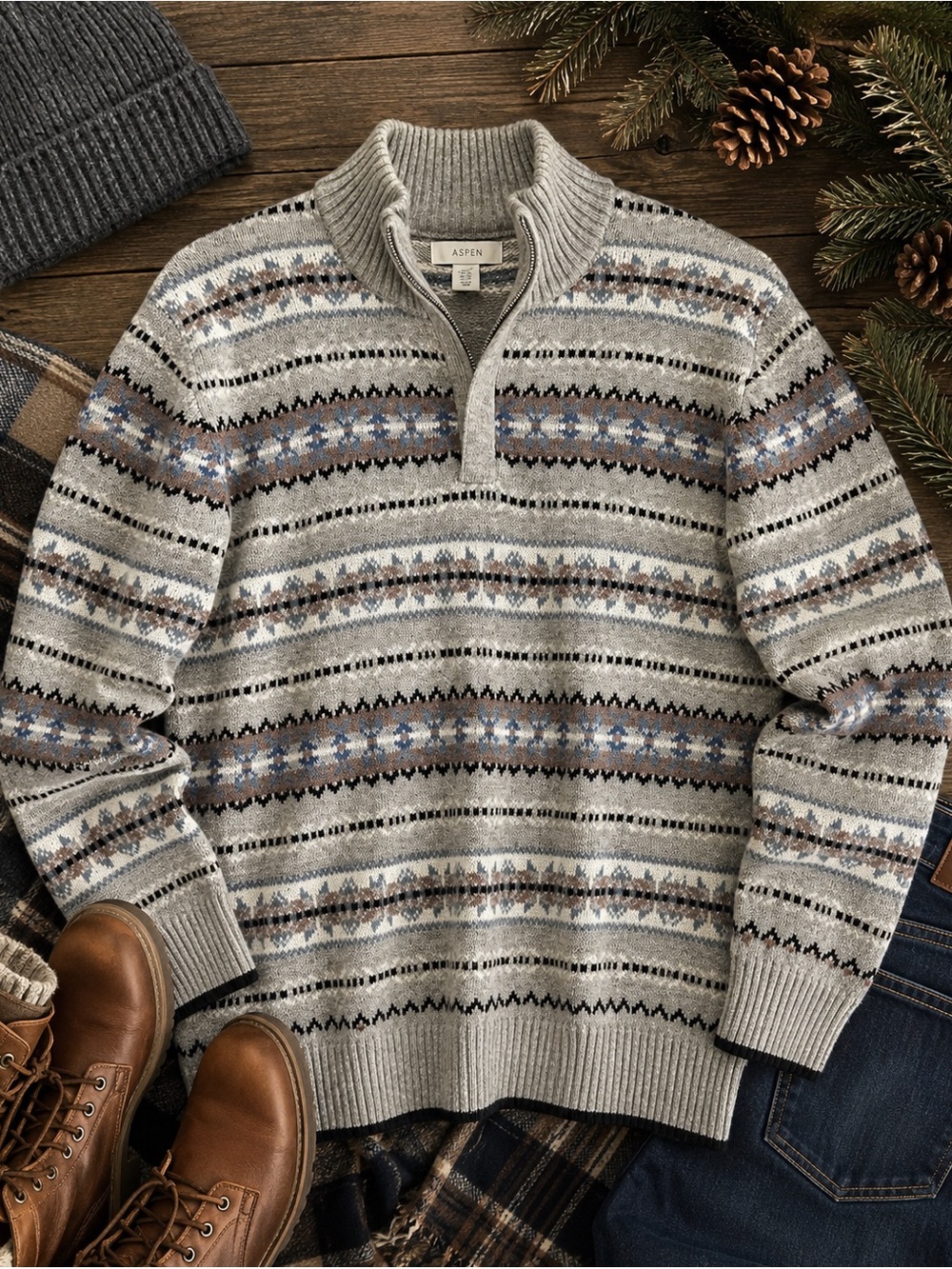 NWT Aspen Men’s XXL Merino Wool Fair Isle Quarter Zip Sweater Gray